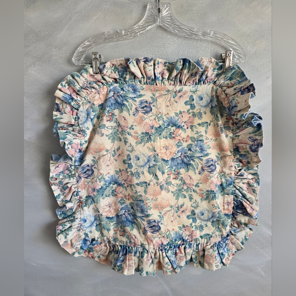 Vintage Floral Cottage Blue Pink Ruffle Accent Pillow Cover 16x16